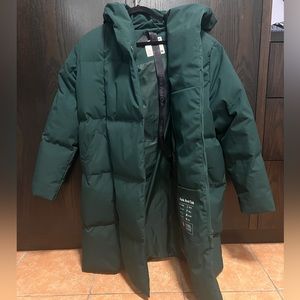 Frank and Oak emerald green long puffer coat